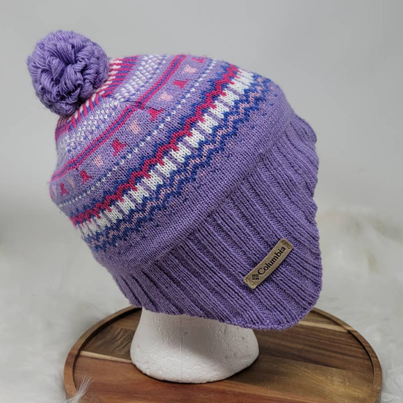 Columbia Lot of 2  Purple/Pink Pom-Pom Beanie One Size Youth - Picture 2 of 7